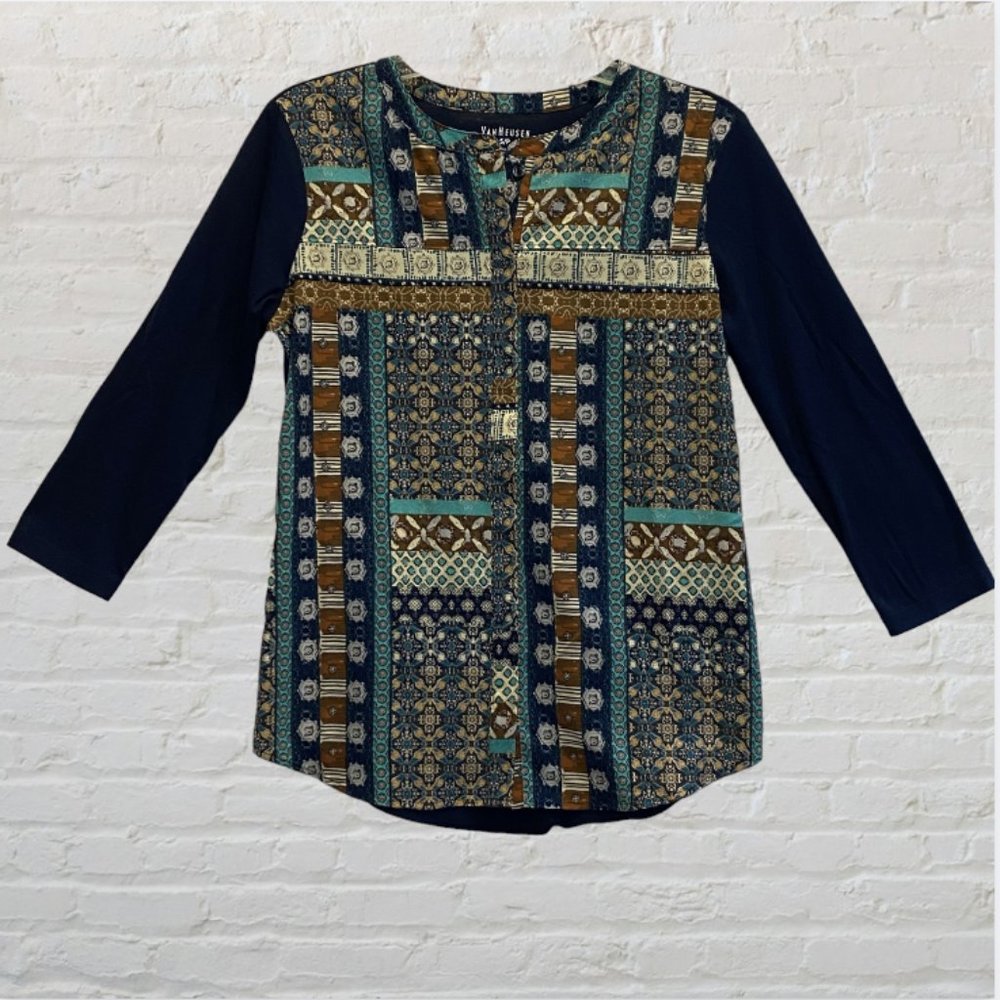 VAN HEUSEN -- Blouse, Multi-Colored, 3/4 Sleeve, Button Down with Boat Neck - Picture 9 of 14